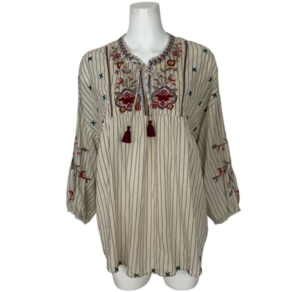 Johnny Was Workshop Chrysalis V-Neck Yoke Blouse XL Striped Embroidered Hippie - Picture 1 of 12